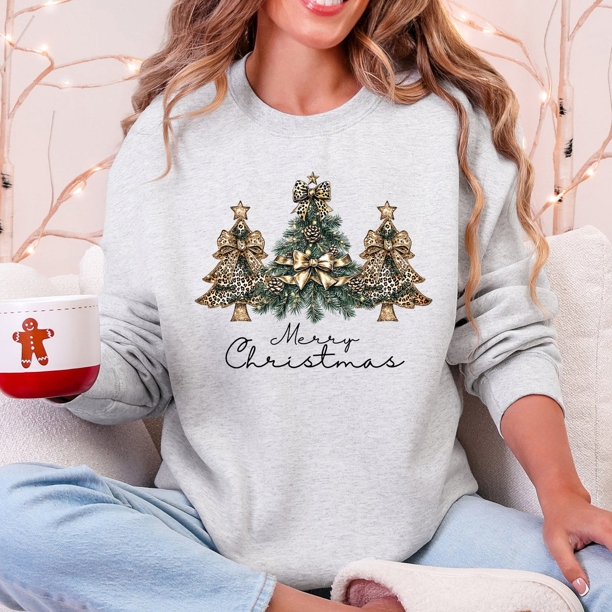 Merry Christmas, Christmas Trees, Ribbons, Bows Illustrated Design Pattern Sweatshirt