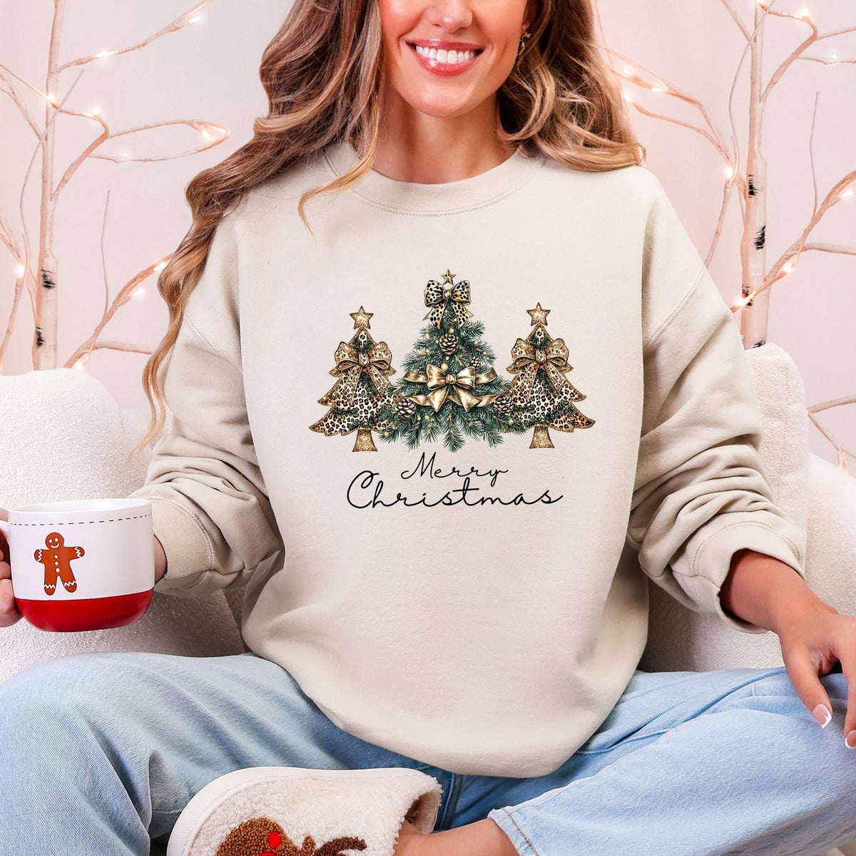 Merry Christmas, Christmas Trees, Ribbons, Bows Illustrated Design Pattern Sweatshirt