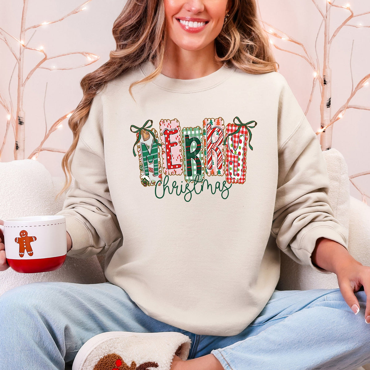 Merry Christmas Colorful Retro Geese Festive Winter Cozy Warm Fleece Lined Graphic Sweatshirt