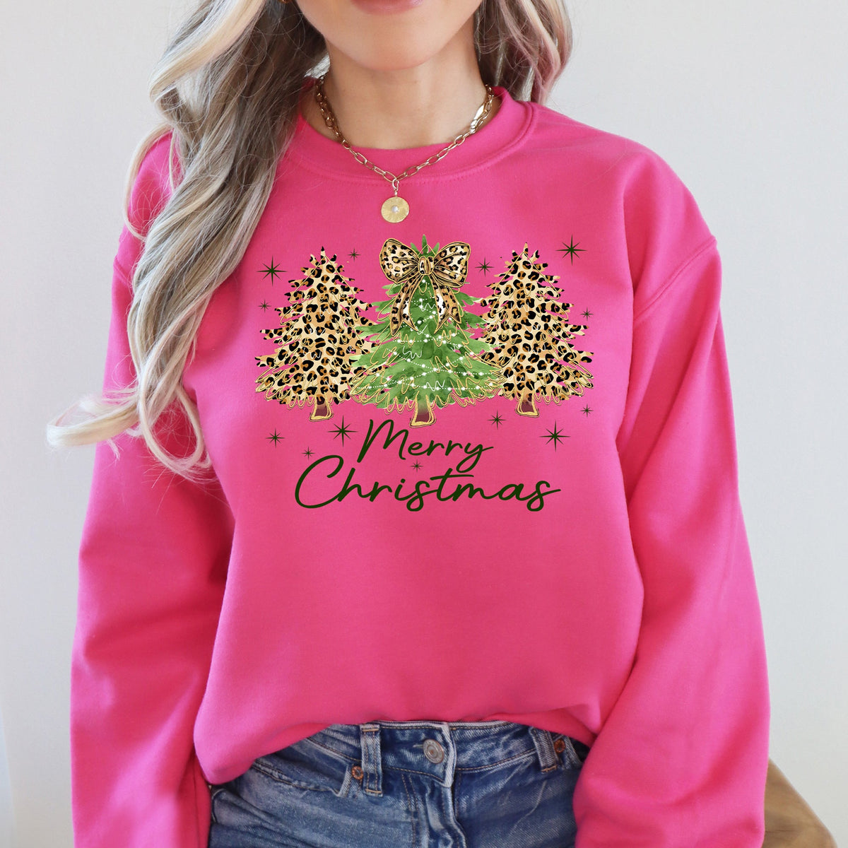 Merry Christmas Leopard Print Cheetah Christmas Trees Cozy Festive Holiday Sweatshirt
