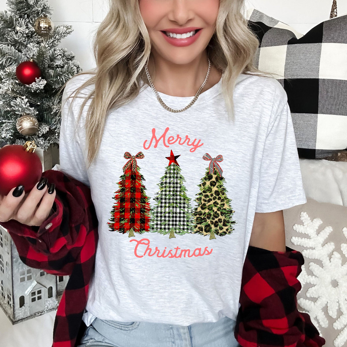 Merry Christmas Leopard Print And Plaid Trees With Ribbons Graphic Tee