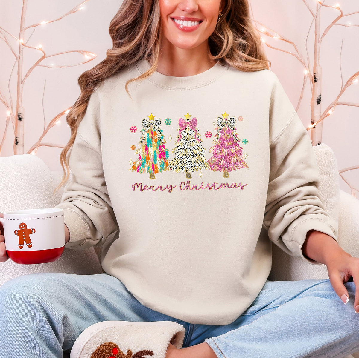 Merry Christmas Pastel Christmas Trees Santa Colorful Painting Holiday Scene Sweatshirt