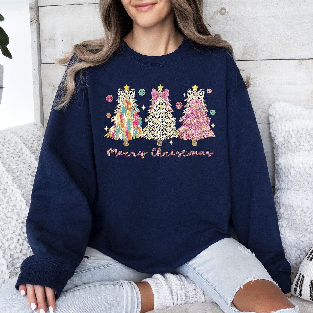 Merry Christmas Pastel Christmas Trees Santa Colorful Painting Holiday Scene Sweatshirt