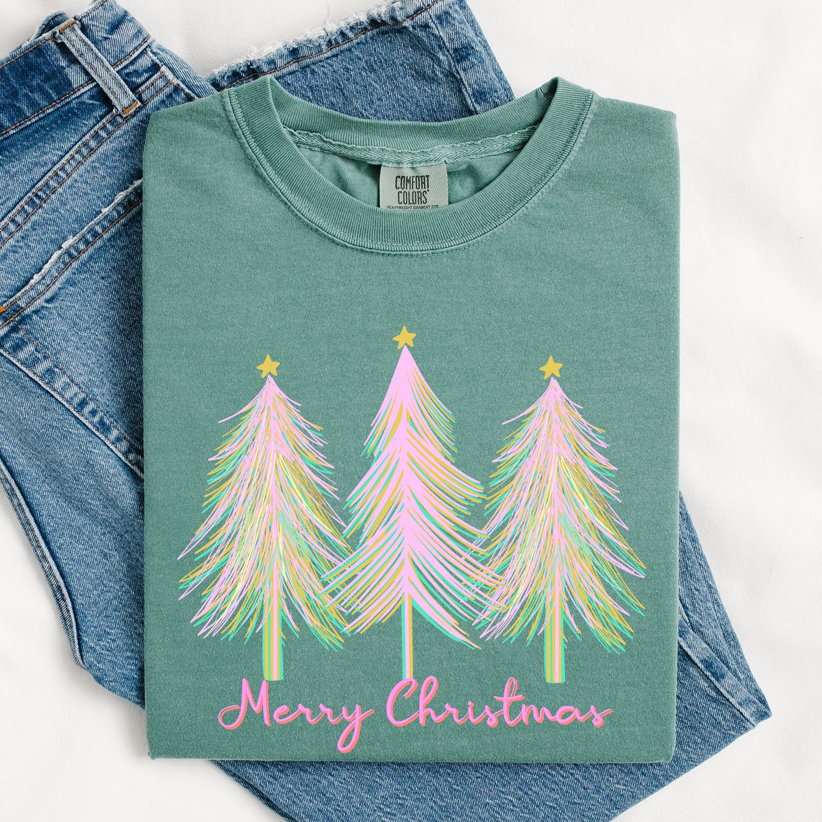 Merry Christmas Pastel Trees Winter Santa Xmas Forest Village Scene Comfort Colors Tee