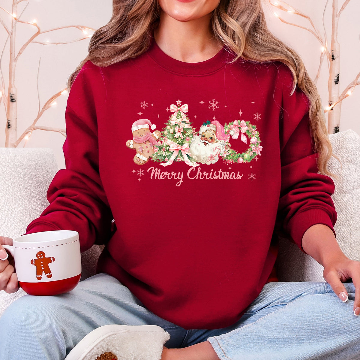 Merry Christmas Pink Santa Gingerbread Man Snowflakes Festive Graphic Sweatshirt