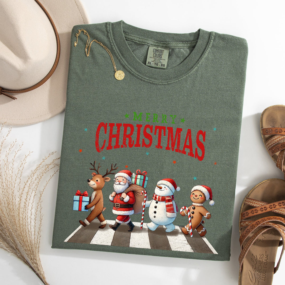 Merry Christmas Reindeer Santa Snowman Gingerbread Xmas Holiday Scene Comfort Colors Tee