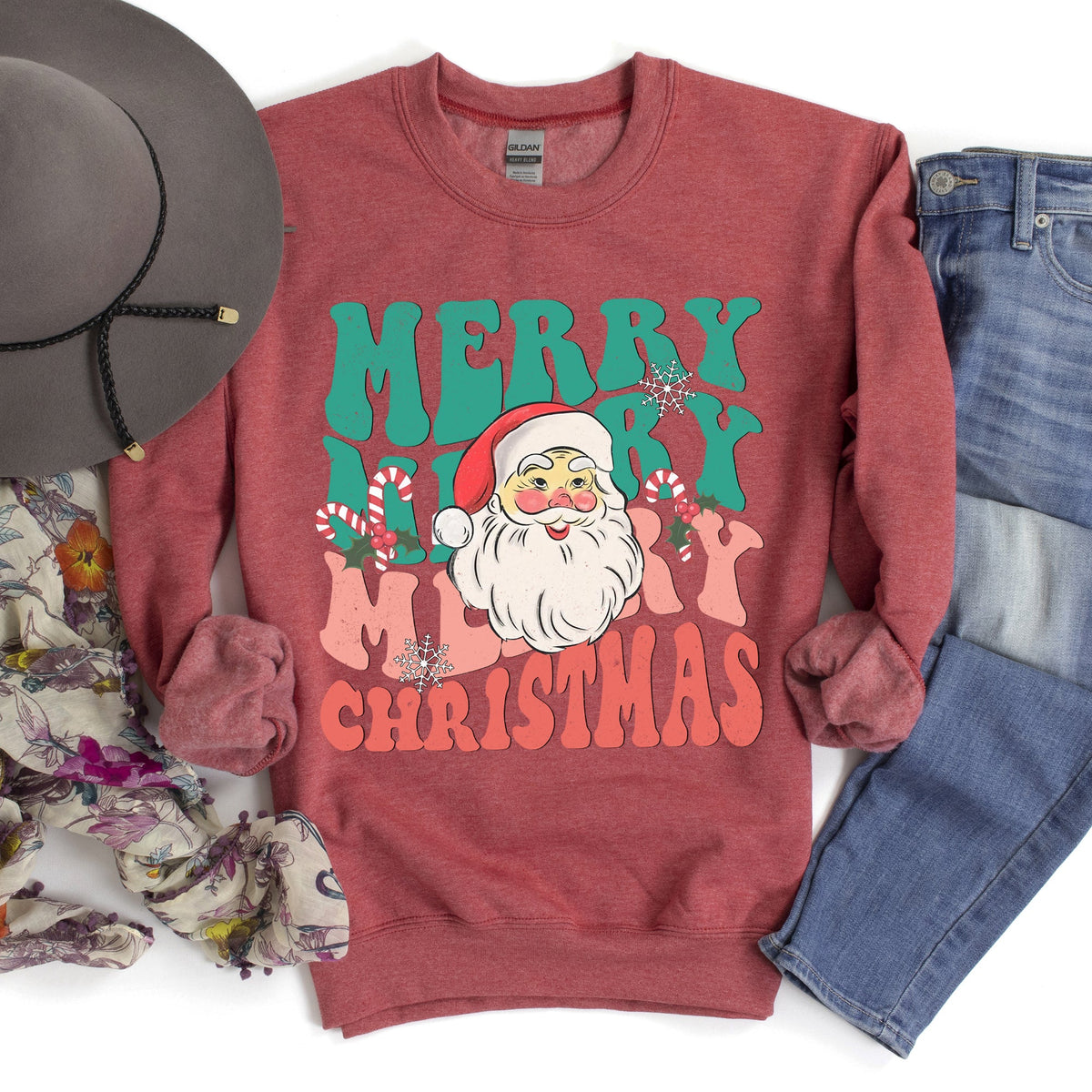 Merry Christmas Retro Santa Cozy Fleece Lined Vintage Graphic Holiday Artwork Series Sweatshirt