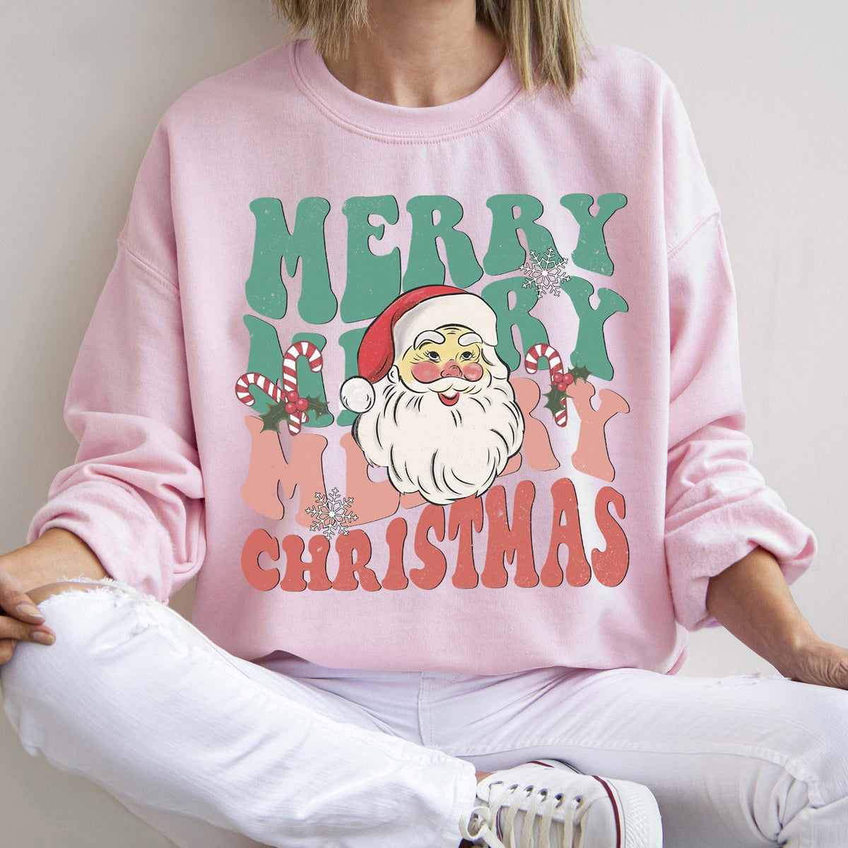 Merry Christmas Retro Santa Cozy Fleece Lined Vintage Graphic Holiday Artwork Series Sweatshirt
