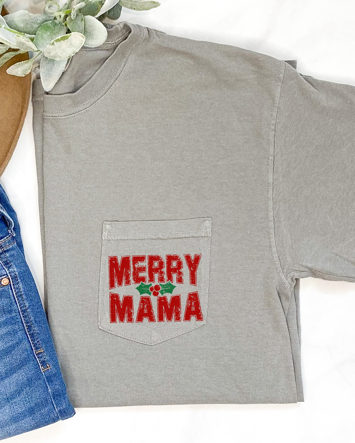 Merry Mama Pocket Christmas Santa Snow Xmas Holiday Cheer Family Style Comfort Colors Tee