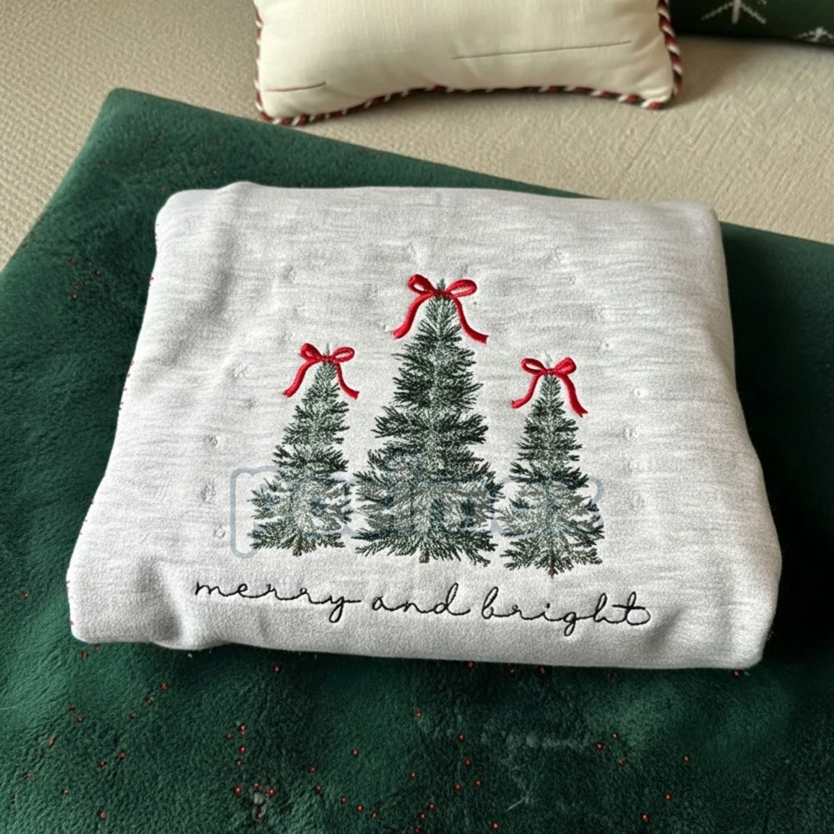 Merry & Bright Christmas Tree Embroidered Sweatshirt – Festive Holiday Crewneck