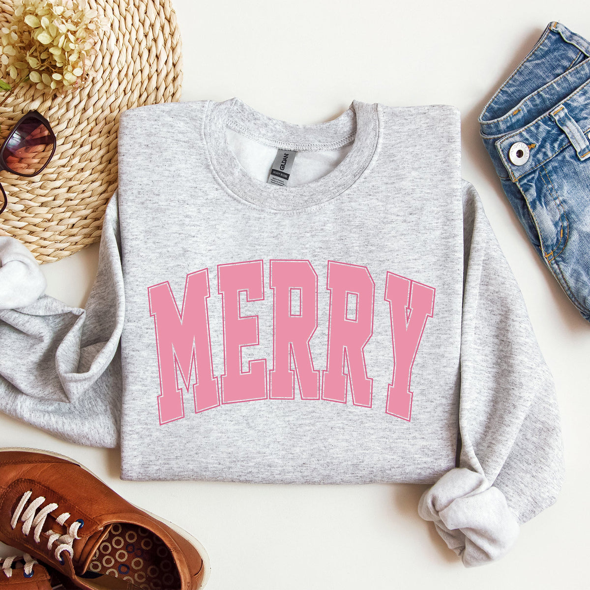 Merry Varsity Collegiate Christmas Santa Winter Xmas Holiday Seasonal Graphic Sweatshirt