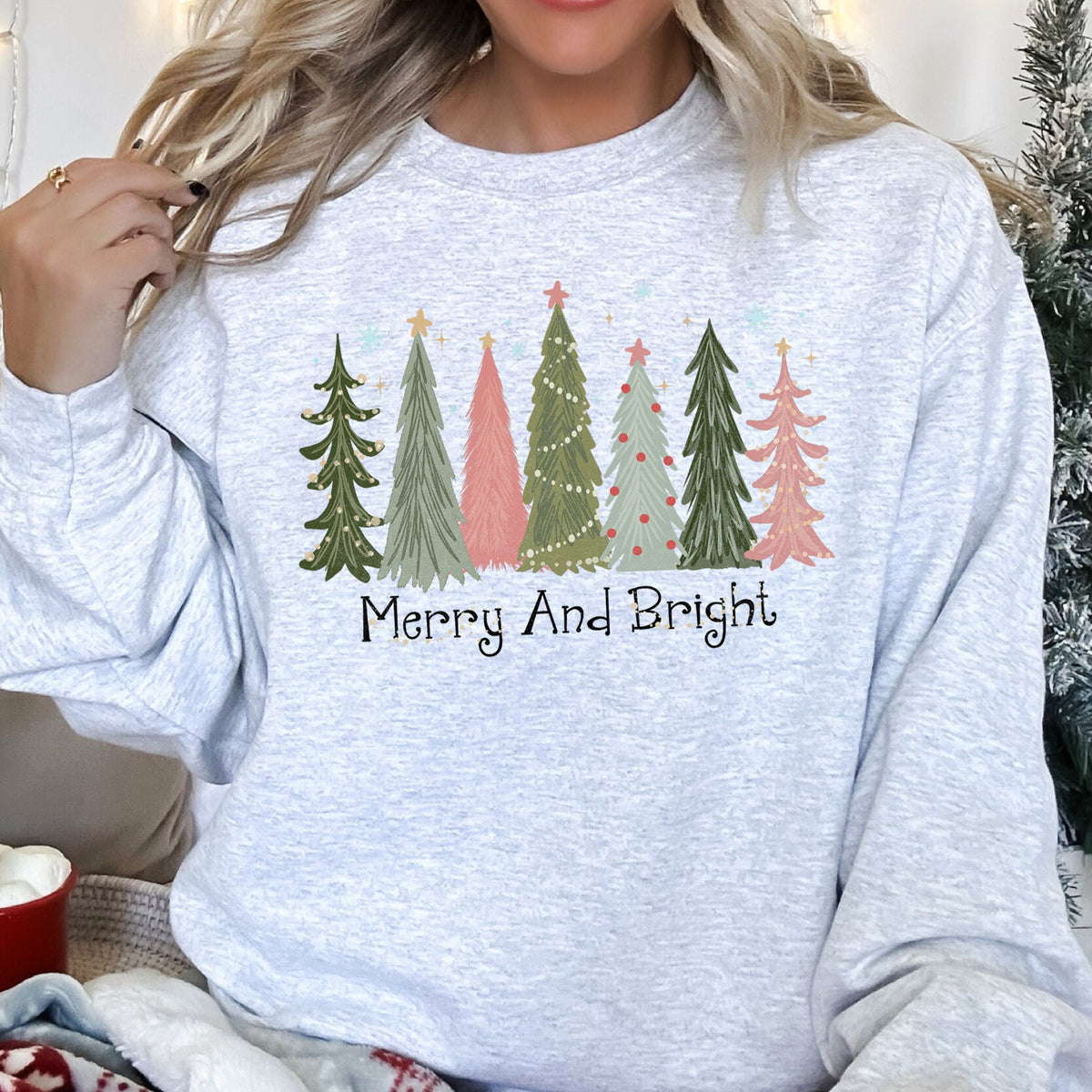 Merry And Bright Christmas Trees Festive Winter Forest Ornament Pattern With Lights Sweatshirt