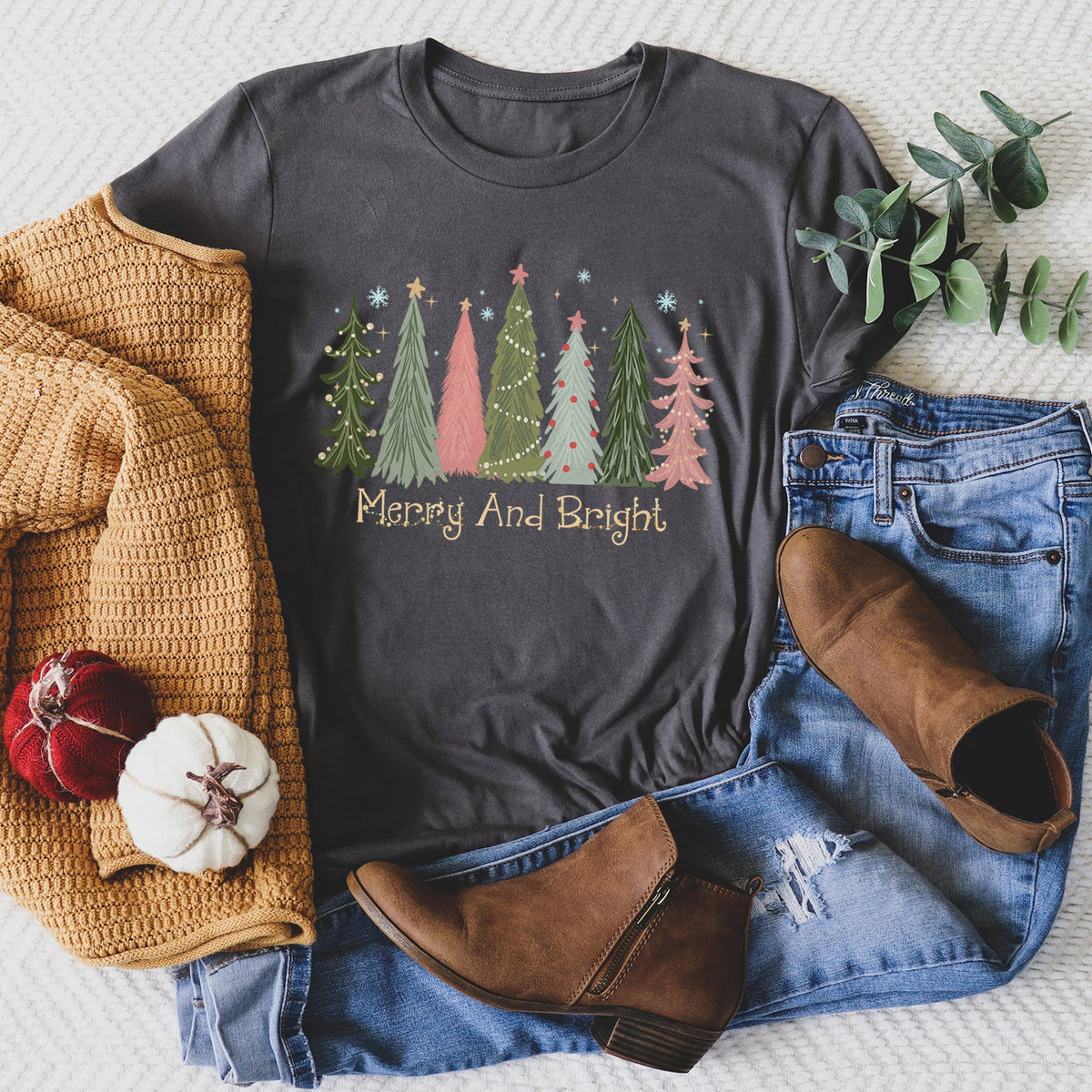 Merry And Bright Christmas Trees Snowflakes Stars Decorations Pink Green Graphic Tee