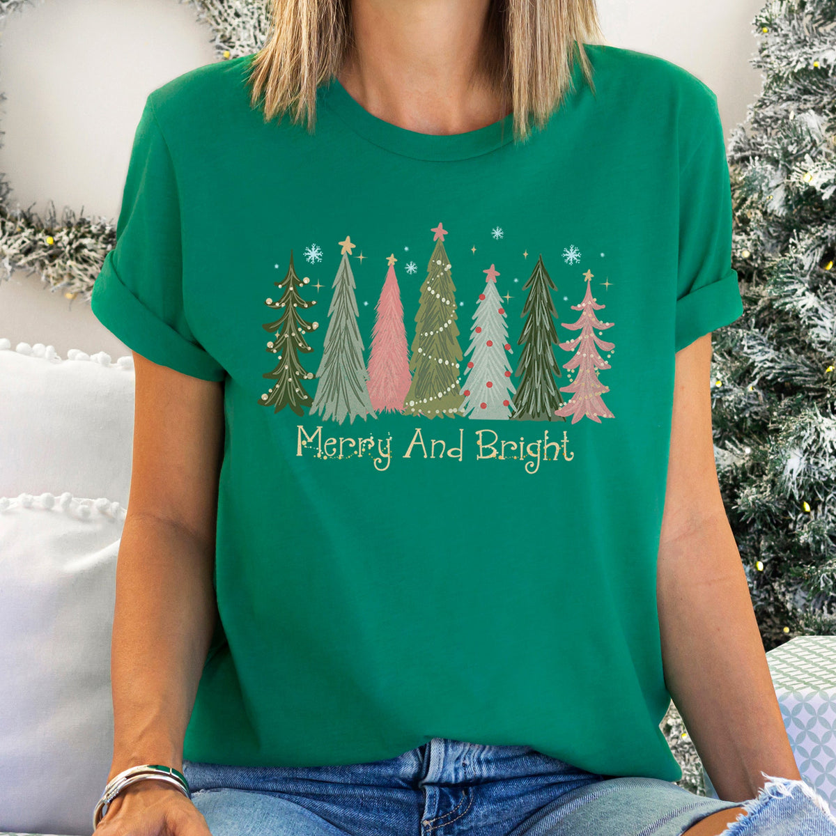 Merry And Bright Christmas Trees Snowflakes Stars Decorations Pink Green Graphic Tee