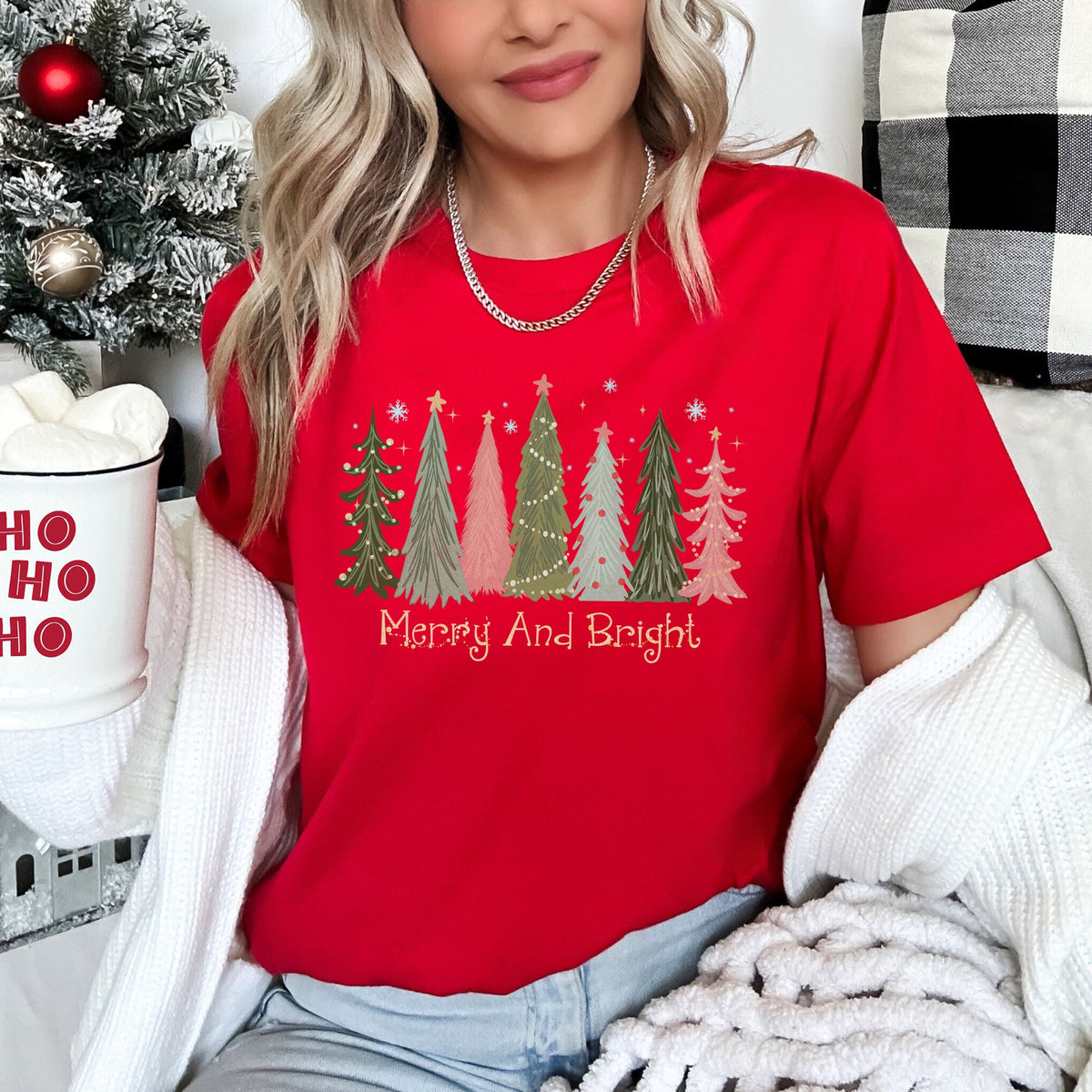 Merry And Bright Christmas Trees Snowflakes Stars Decorations Pink Green Graphic Tee