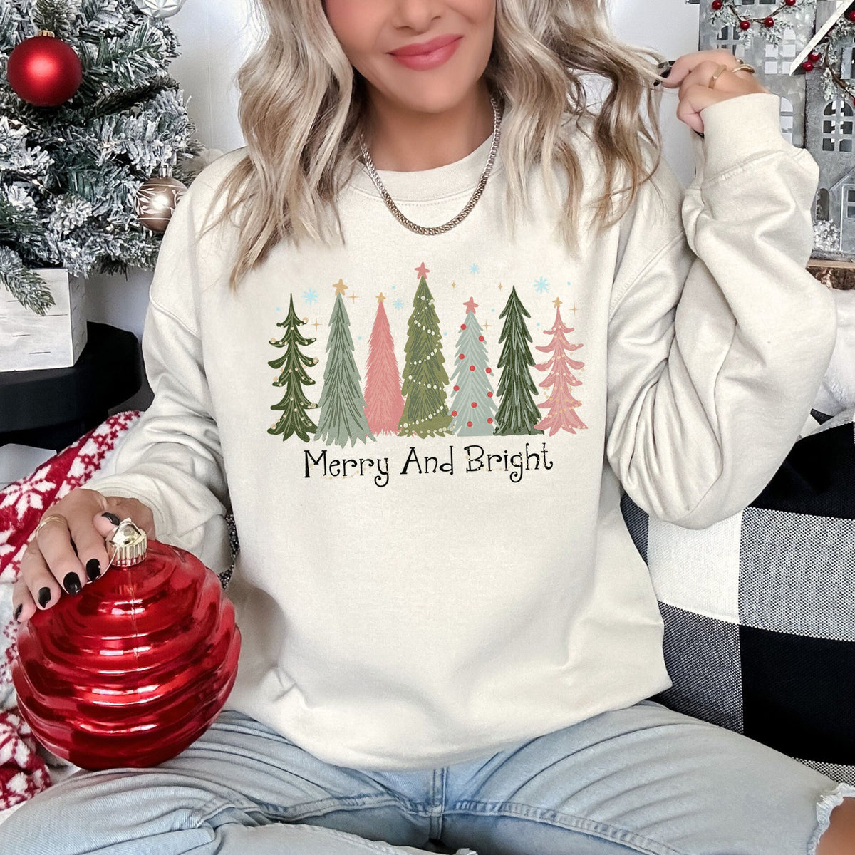 Merry And Bright Christmas Trees Festive Winter Forest Ornament Pattern With Lights Sweatshirt