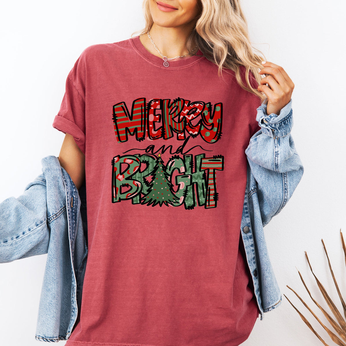 Merry and Bright Christmas Tree Colorful Winter Xmas Santa Holiday Comfort Colors Tee