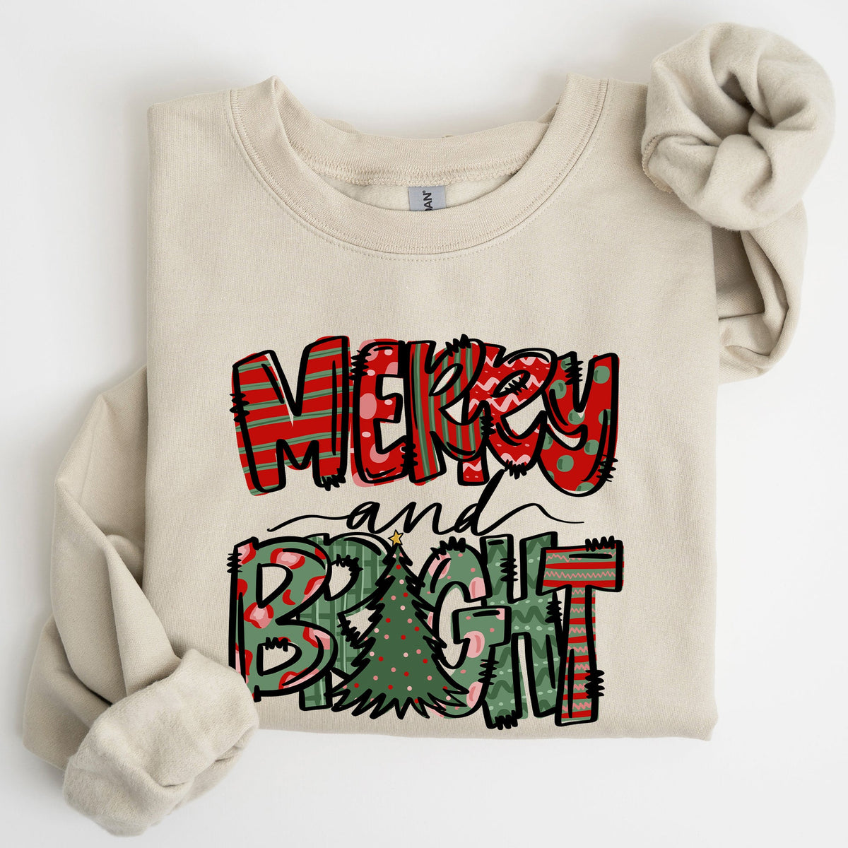 Merry And Bright Christmas Tree Santa Colorful Winter Xmas Noel Jolly Holiday Scene Sweatshirt