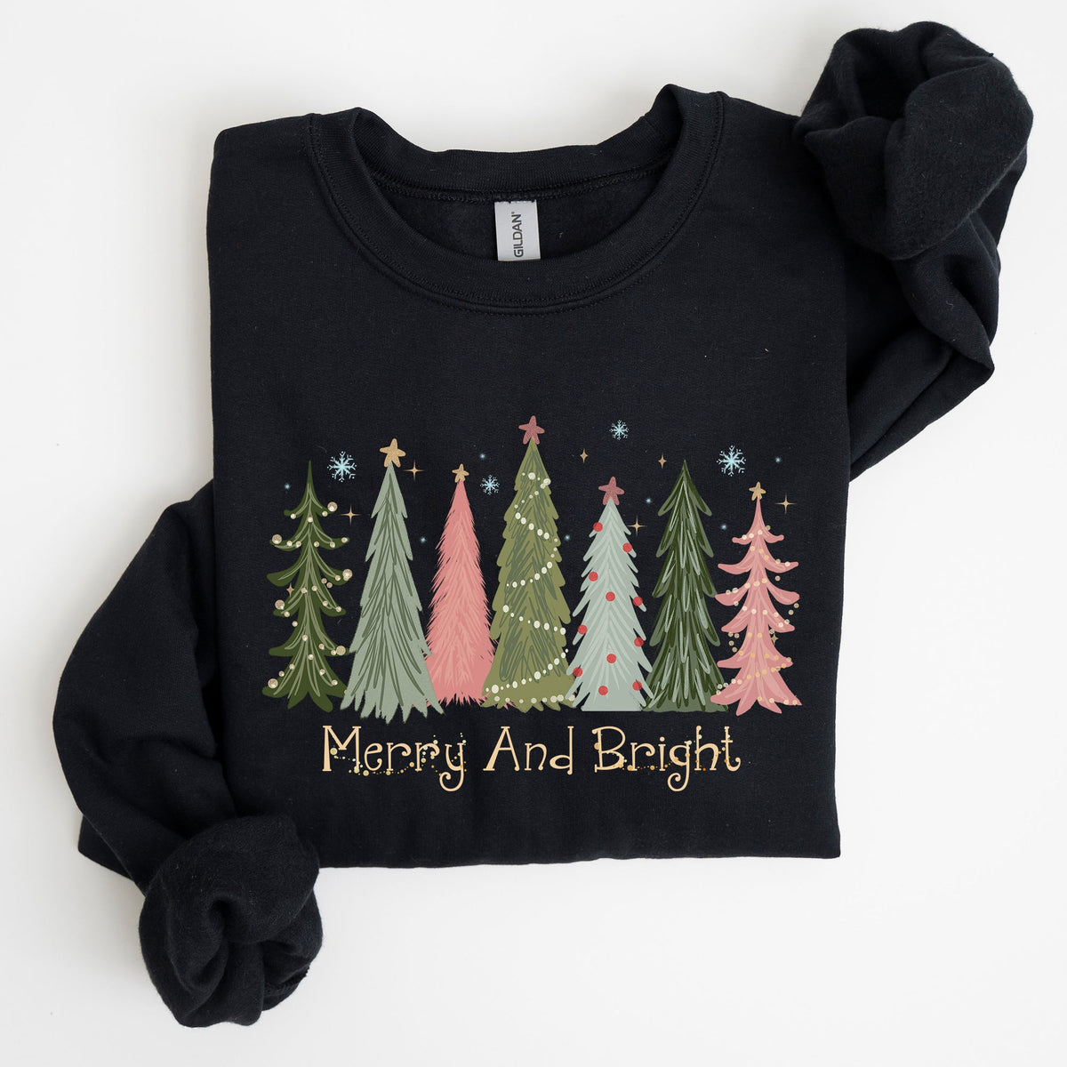 Merry And Bright Christmas Trees Winter Snow Xmas Holiday Lights Festive Scene Sweatshirt