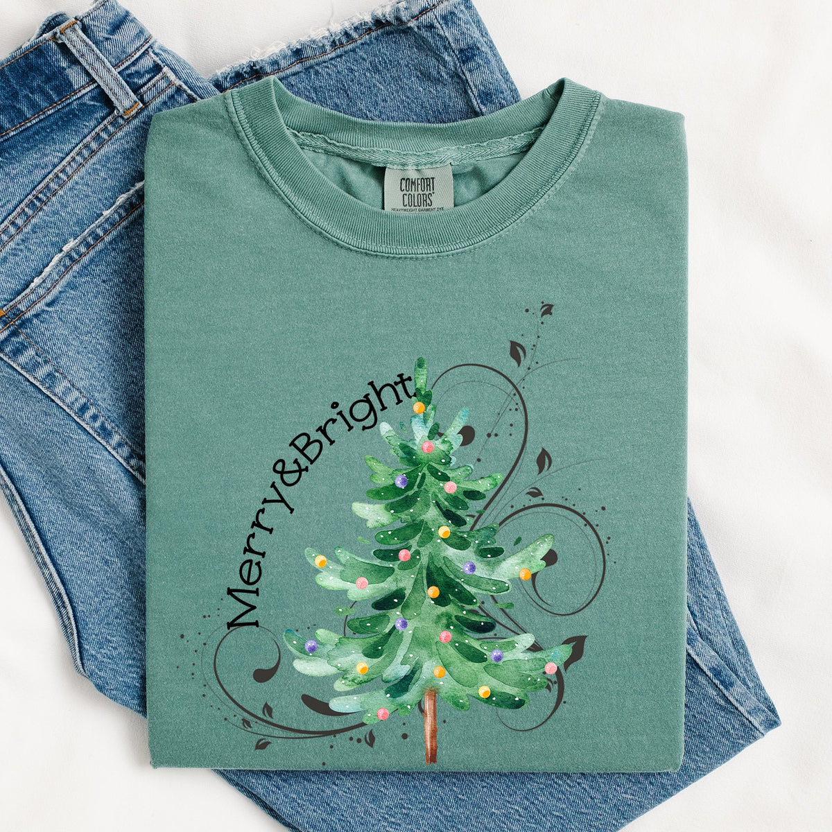 Merry And Bright Colorful Christmas Tree Swirls Santa Xmas Holiday Cheer Comfort Colors Tee