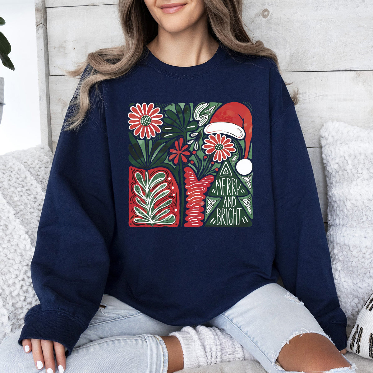 Merry and Bright Pattern Blocks Christmas Santa Hat Tree Ribbon Bow Vintage Retro Holiday Cheer Sweatshirt