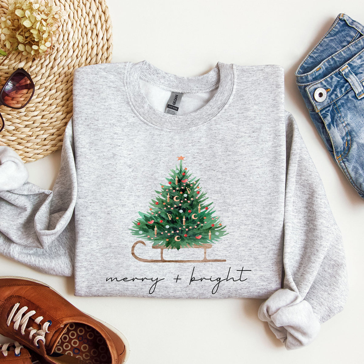 Merry And Bright Holiday Sleigh And Christmas Tree Winter Snow Xmas Scene Sweatshirt