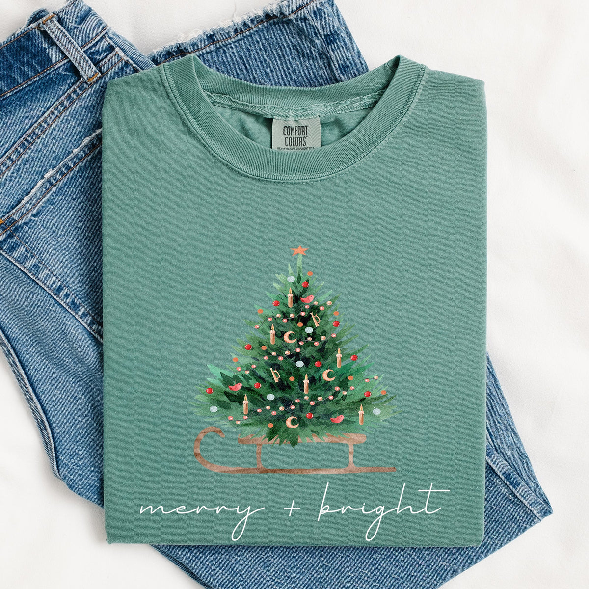 Merry And Bright Sleigh And Christmas Tree Winter Scene Holiday Edition Comfort Colors Tee
