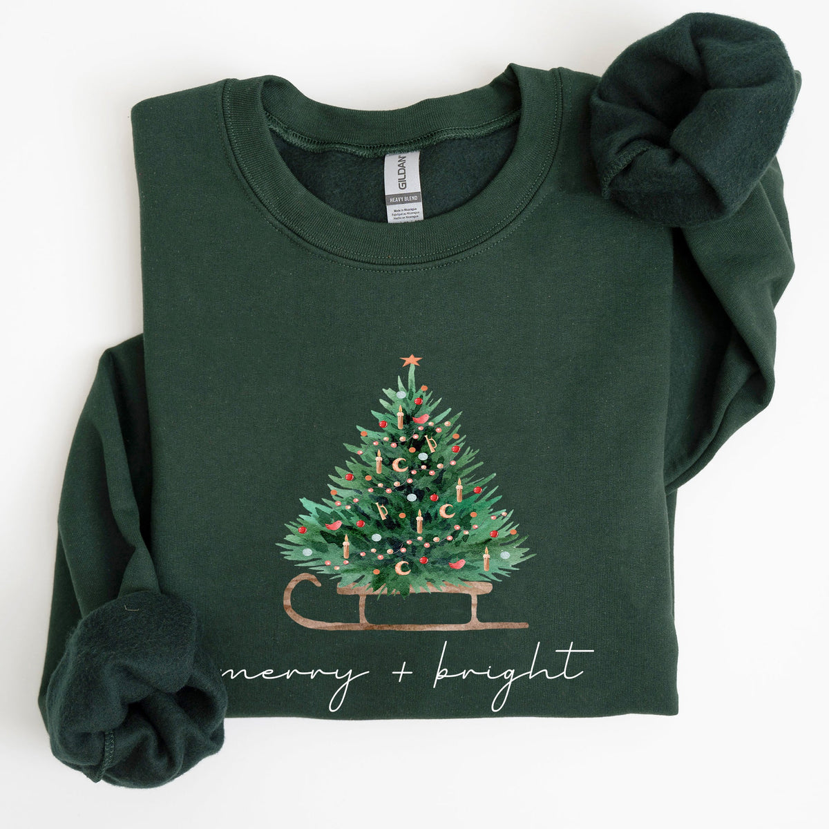 Merry And Bright Holiday Sleigh And Christmas Tree Winter Snow Xmas Scene Sweatshirt