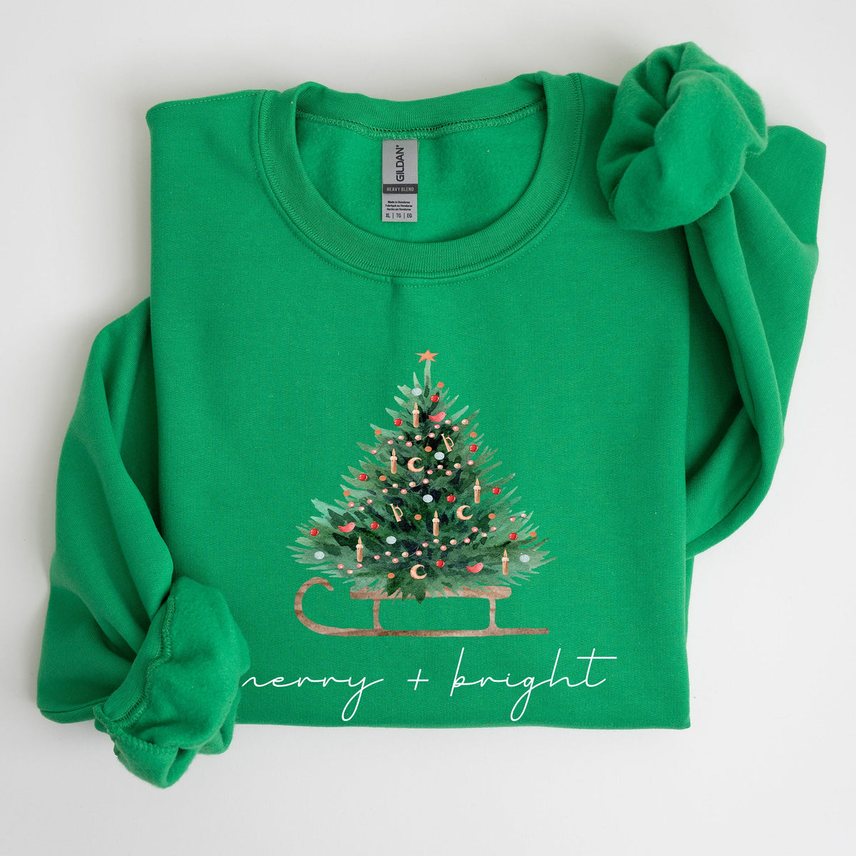Merry And Bright Holiday Sleigh And Christmas Tree Winter Snow Xmas Scene Sweatshirt
