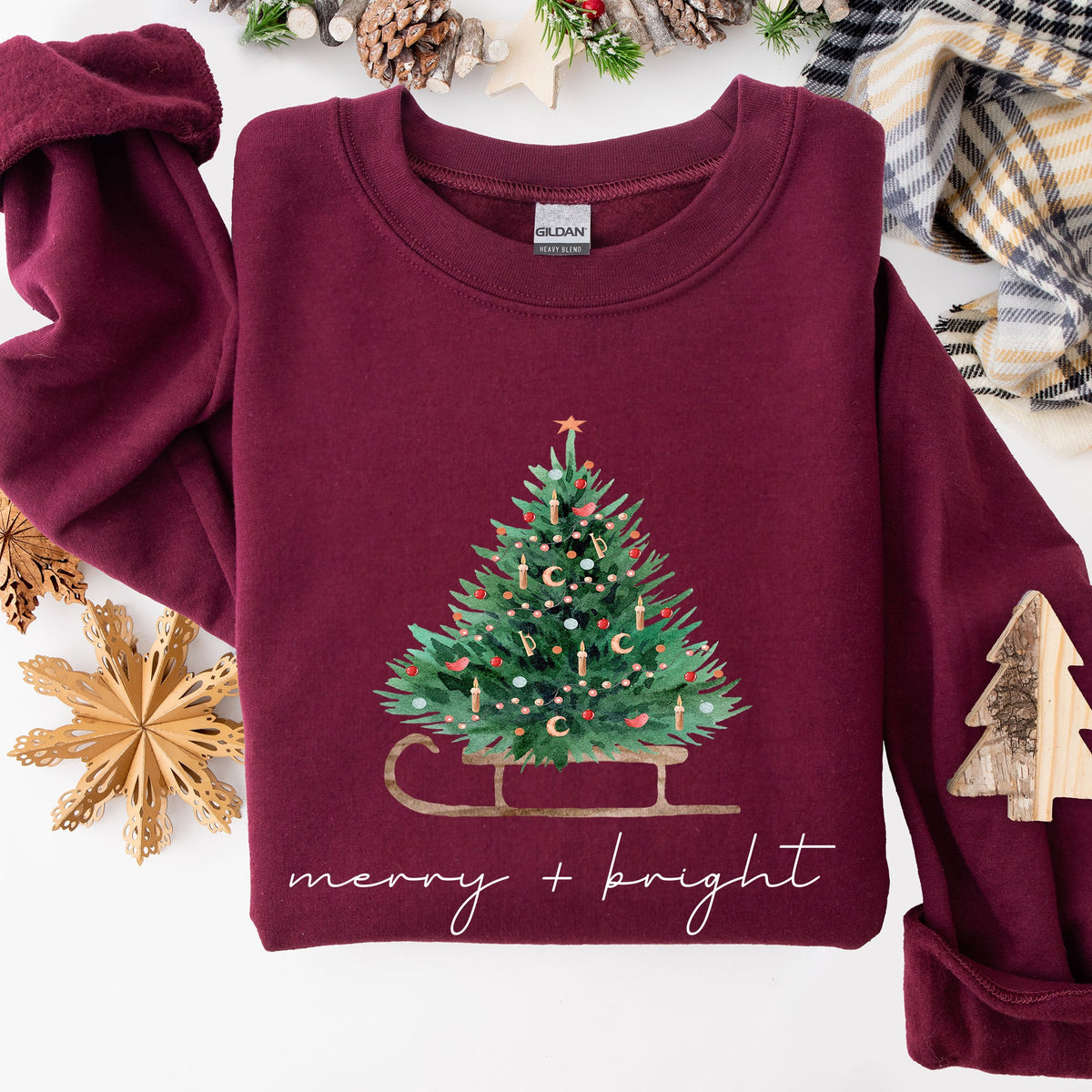 Merry And Bright Holiday Sleigh And Christmas Tree Winter Snow Xmas Scene Sweatshirt