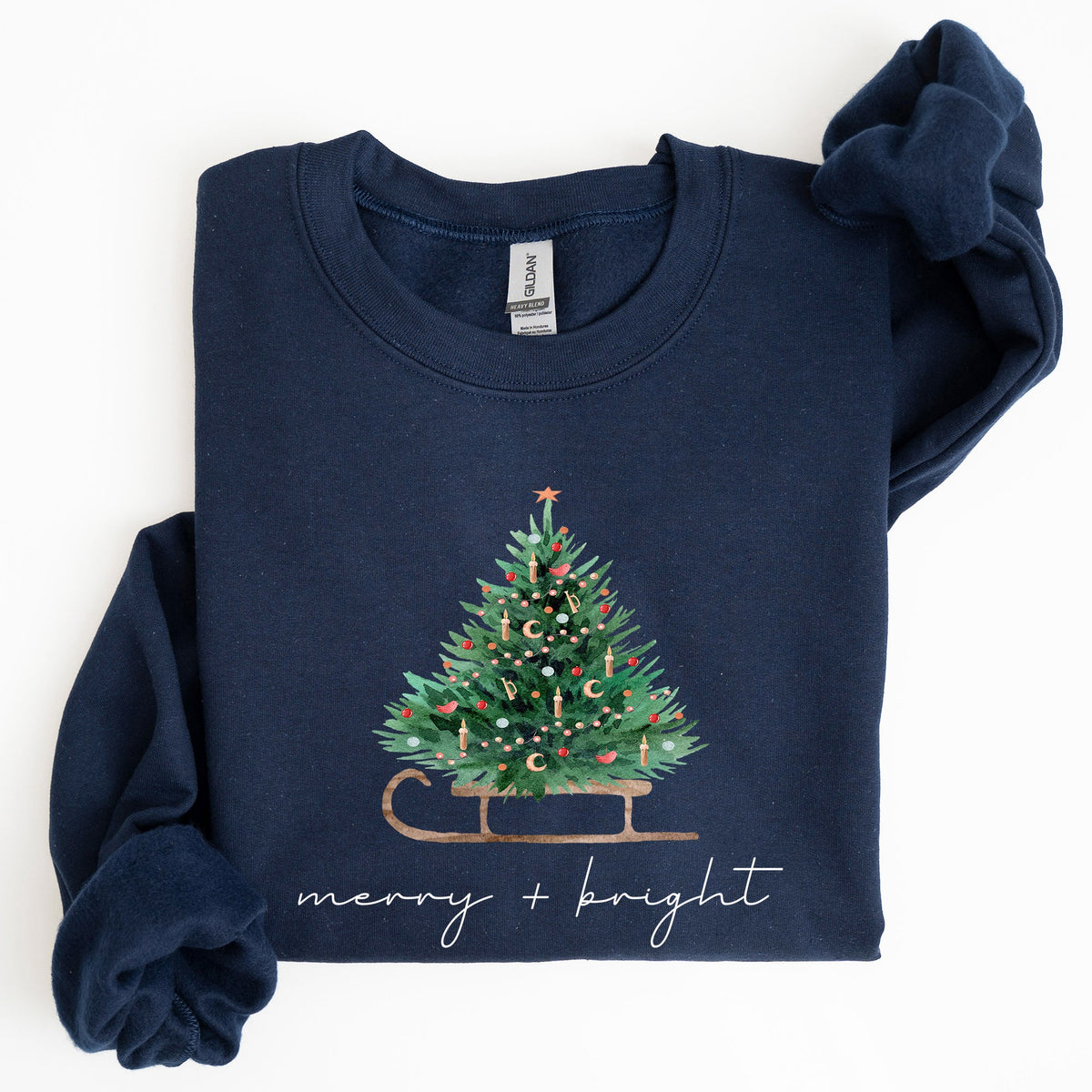 Merry And Bright Holiday Sleigh And Christmas Tree Winter Snow Xmas Scene Sweatshirt