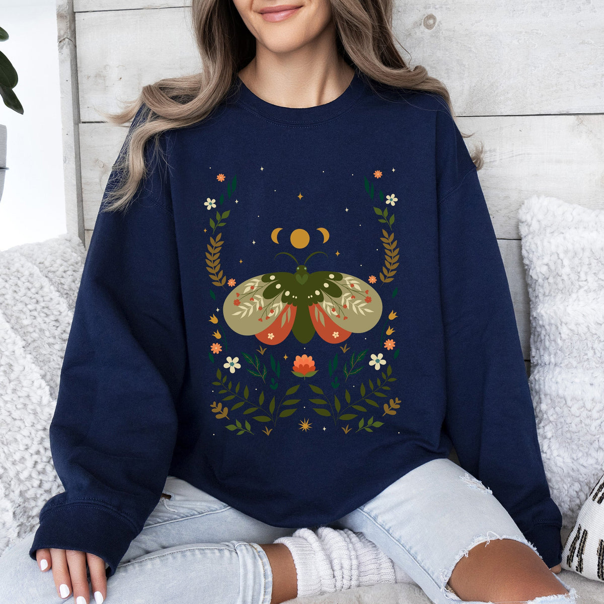 Midnight Garden Dance Moth Moon Floral Print Night Garden Dreamy Nature Art Sweatshirt