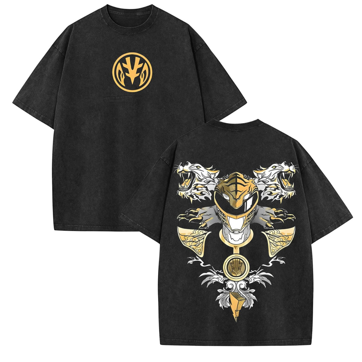 Mighty Morphin Power Rangers T-Shirt – Green, White, Red Ranger Washed Cotton Tee