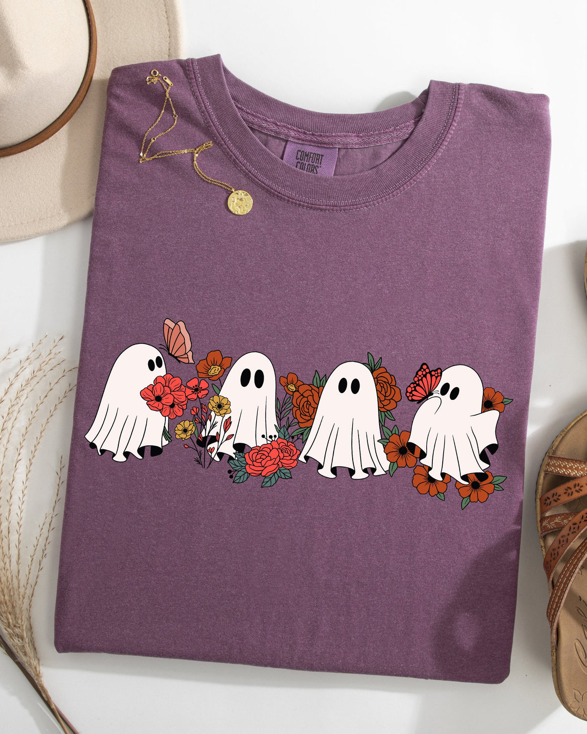 Mini Halloween Ghosts Floral Garden Print With Autumn Flowers And Spooky Cozy Vibes Comfort Colors Tee