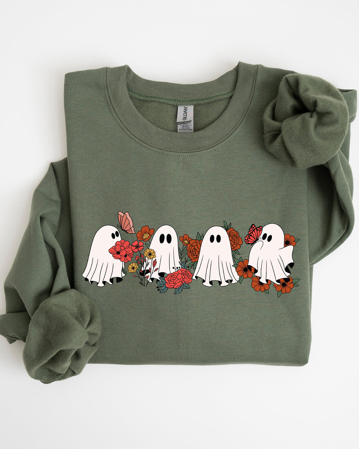 Mini Halloween Ghosts Cute Floral Garden Autumnal Patchwork Cozy Seasonal Print With Flowers And Ghosts Sweatshirt