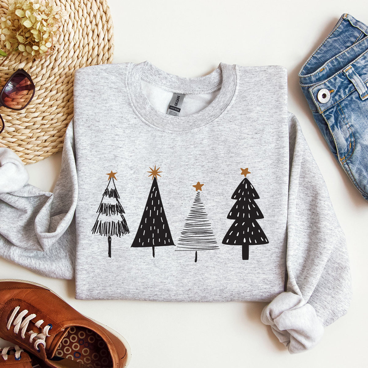 Minimalist Christmas Trees, Winter, Snow, Santa Scene Illustration For The Holidays Sweatshirt