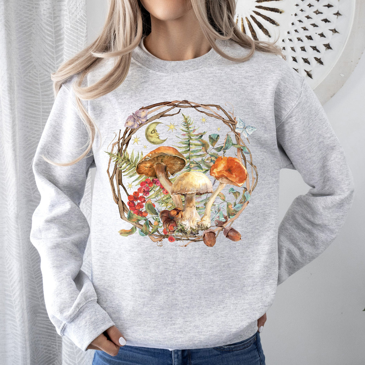 Moon, Moth And Mushrooms, Nature, Forest, Cottage Woodland Nightscape Sweatshirt