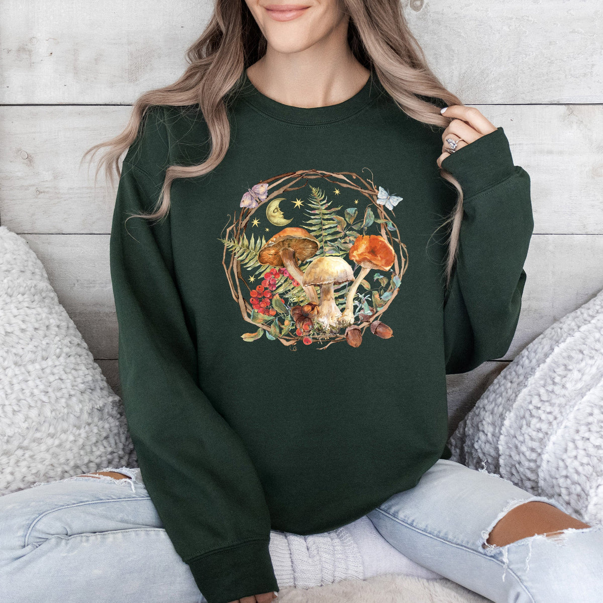 Moon, Moth And Mushrooms, Nature, Forest, Cottage Woodland Nightscape Sweatshirt