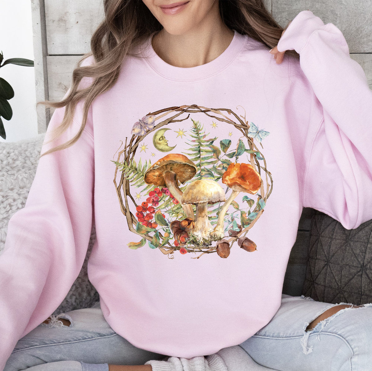 Moon, Moth And Mushrooms, Nature, Forest, Cottage Woodland Nightscape Sweatshirt