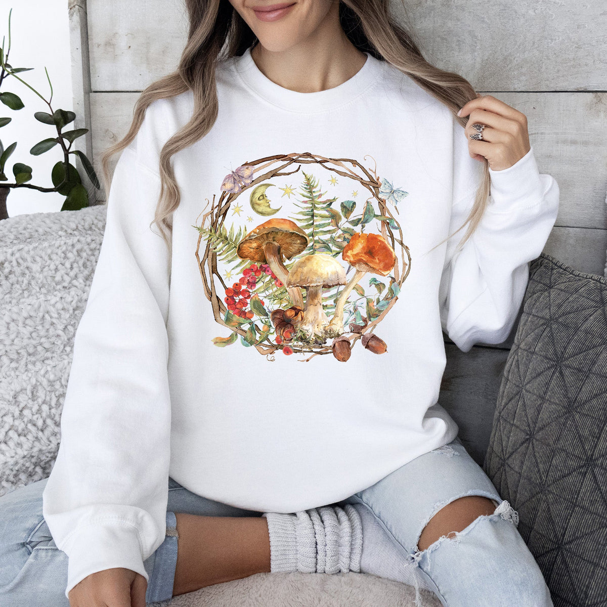 Moon, Moth And Mushrooms, Nature, Forest, Cottage Woodland Nightscape Sweatshirt