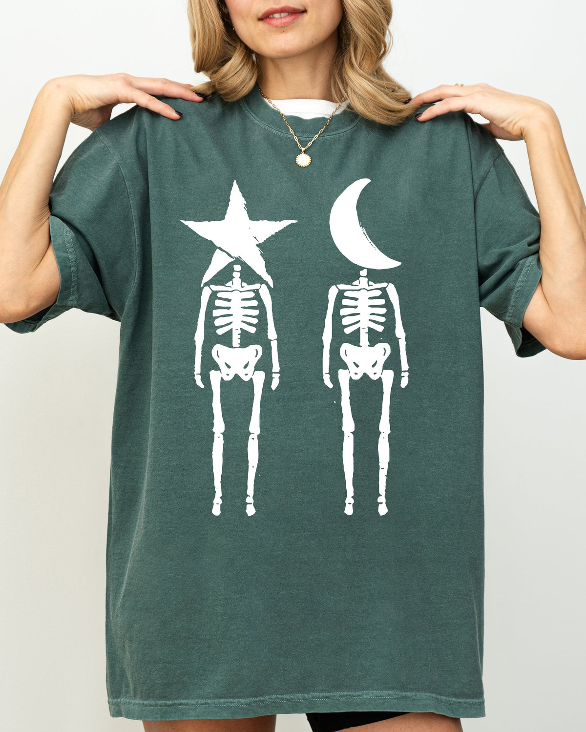 Mystical Couple Stars Moons Skeleton Halloween Spooky Night Sky Comfort Colors Tee