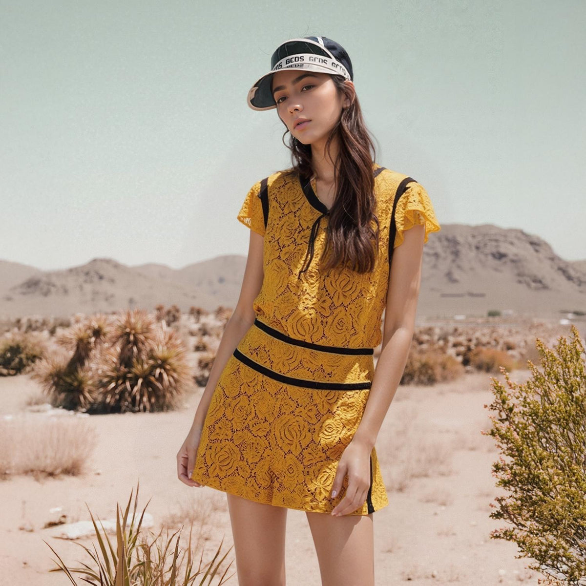 Pleione Floral Lace Tassel String Top In Mustard
