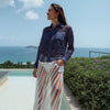 Pleione Women's Button Up Flower Lace Blouse in Navy