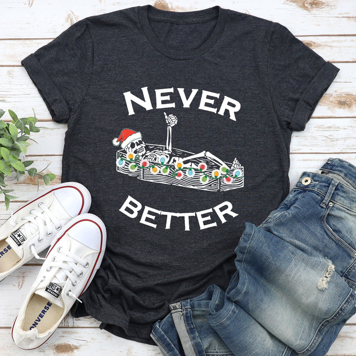 Never Better Christmas Skeleton Retro Holiday Skeleton Parade Spooky Silhouette Artwork Graphic Tee