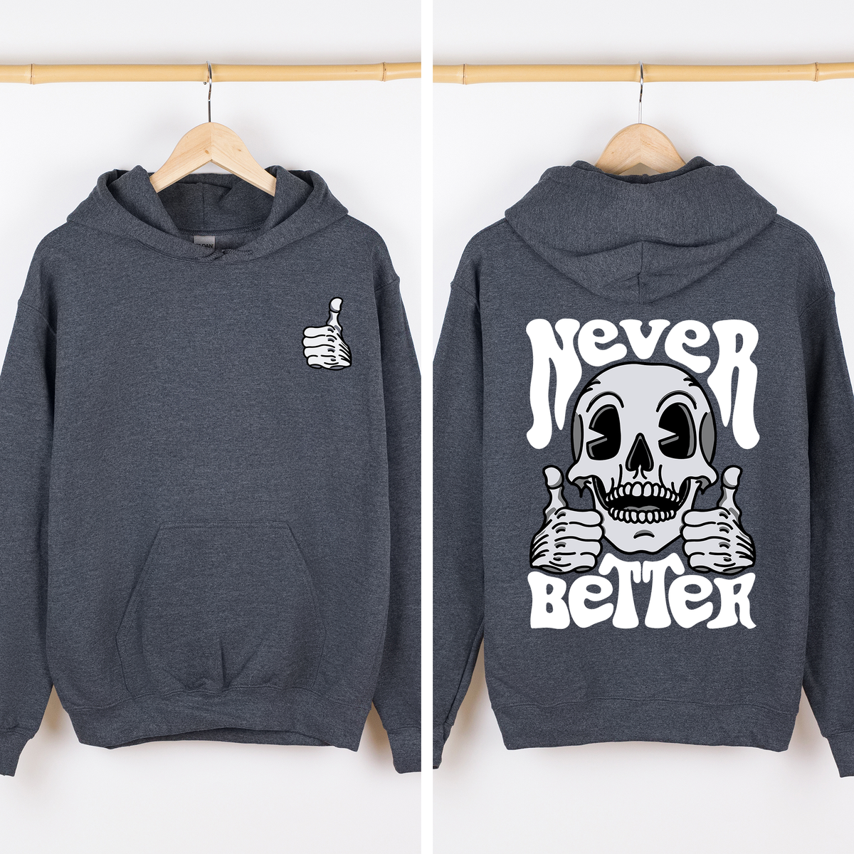 Never Better Skeleton Thumbs Up Vibe Mood Vintage-Inspired Premium Cozy Graphic Hoodie