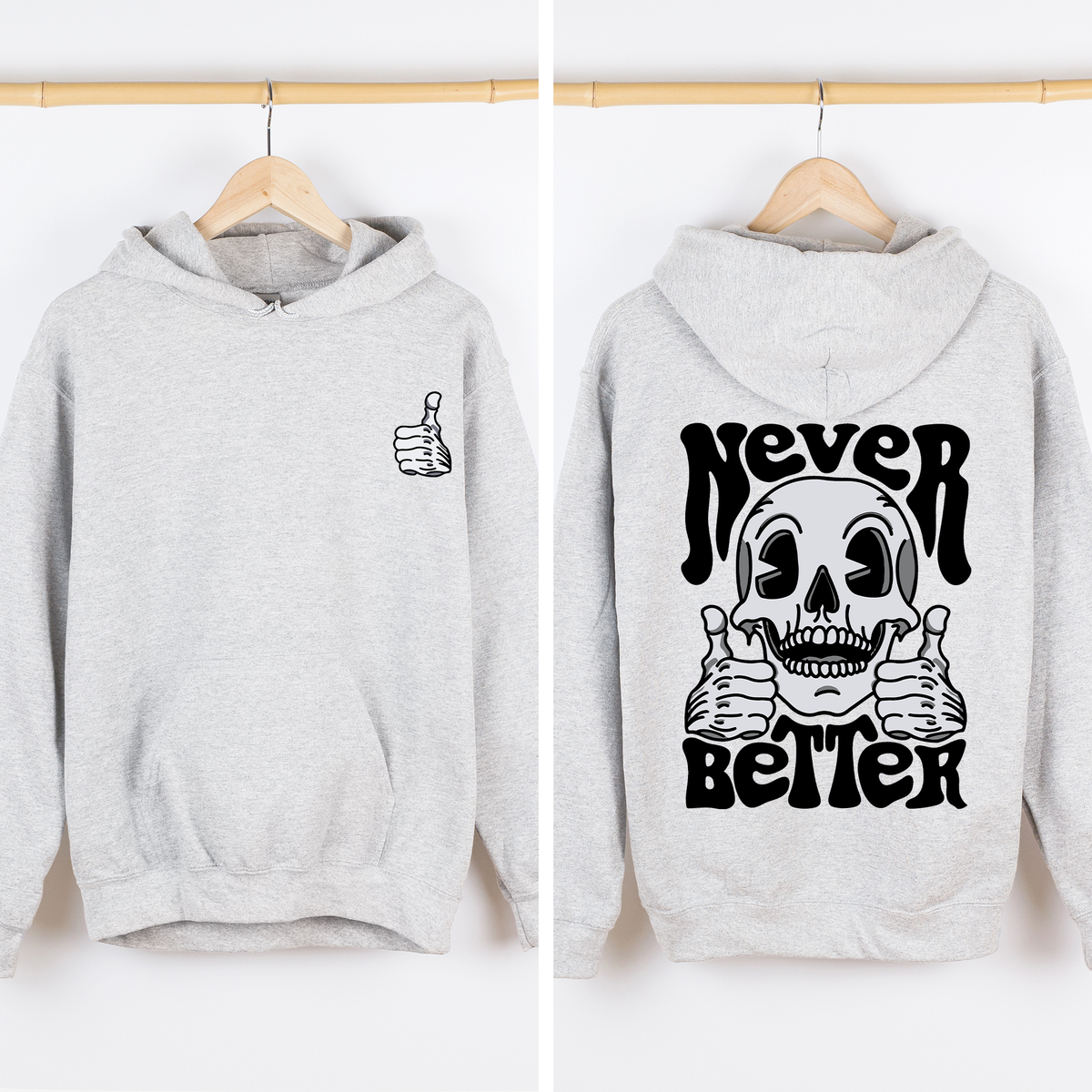 Never Better Skeleton Thumbs Up Vibe Mood Vintage-Inspired Premium Cozy Graphic Hoodie