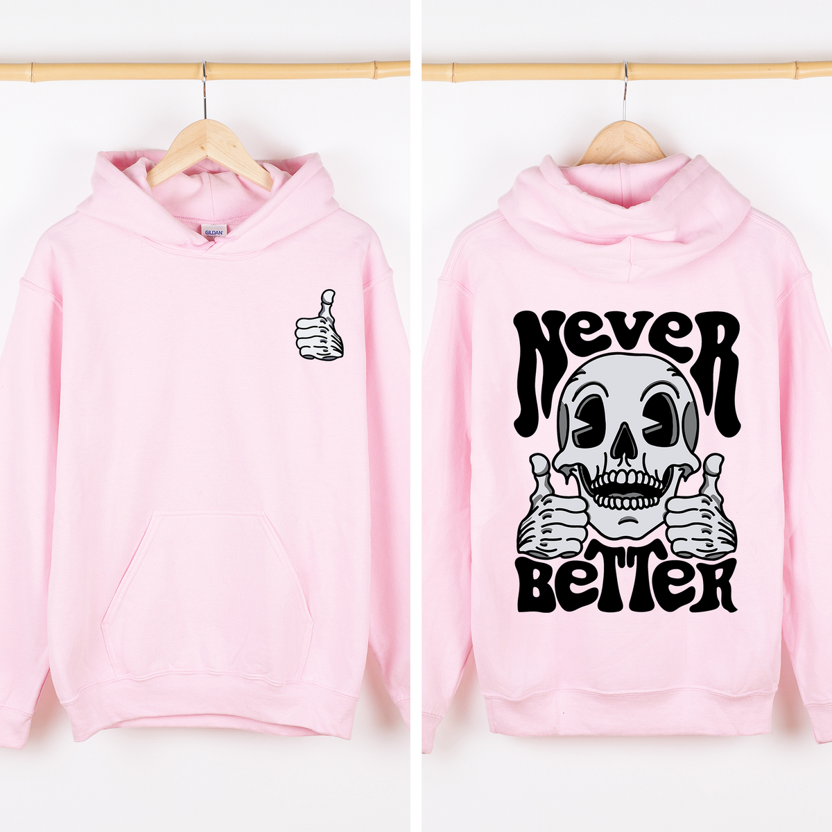 Never Better Skeleton Thumbs Up Vibe Mood Vintage-Inspired Premium Cozy Graphic Hoodie