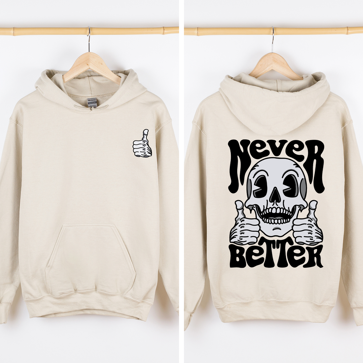 Never Better Skeleton Thumbs Up Vibe Mood Vintage-Inspired Premium Cozy Graphic Hoodie