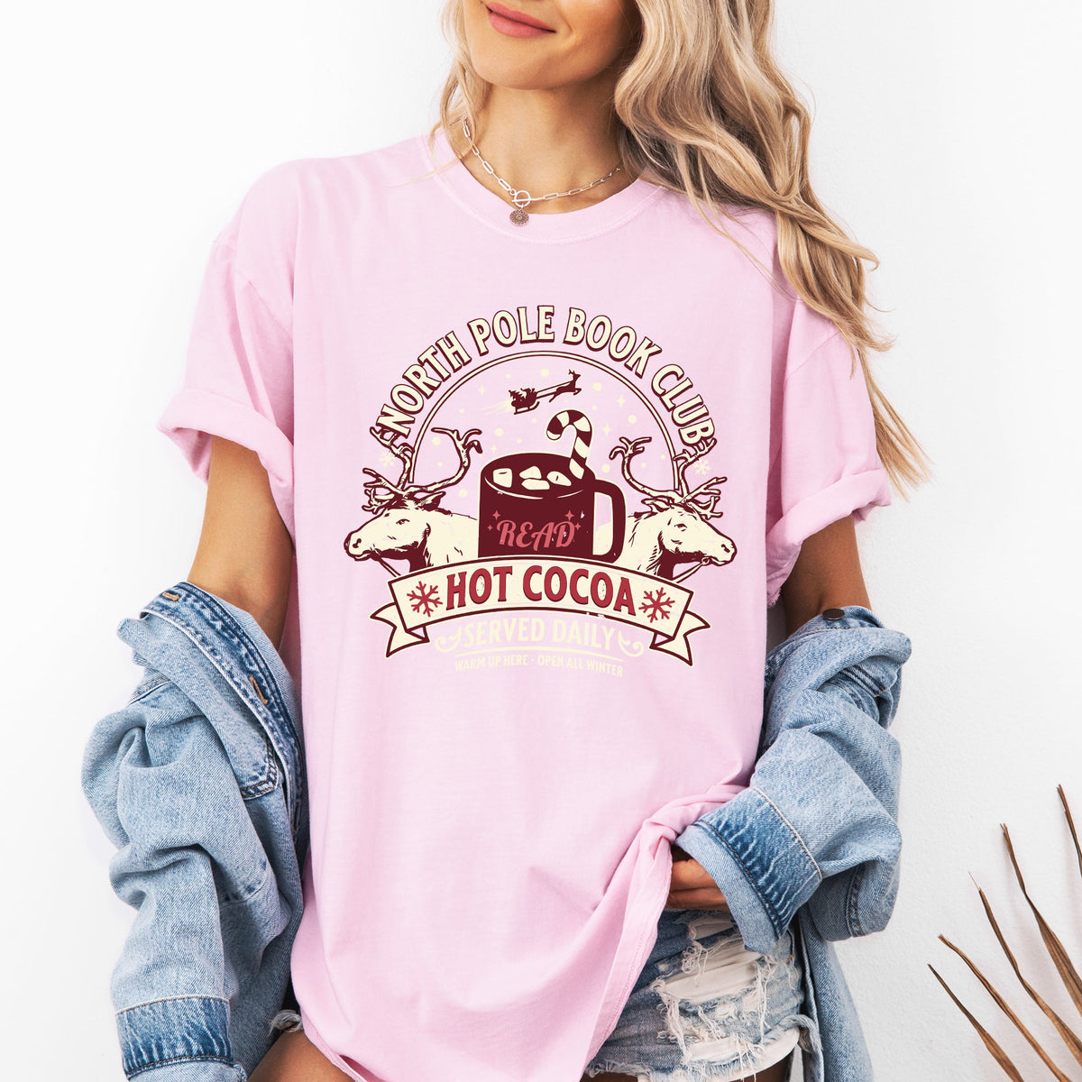 North Pole Book Club Reading Christmas Santa Reindeer Winter Xmas Comfort Colors Tee