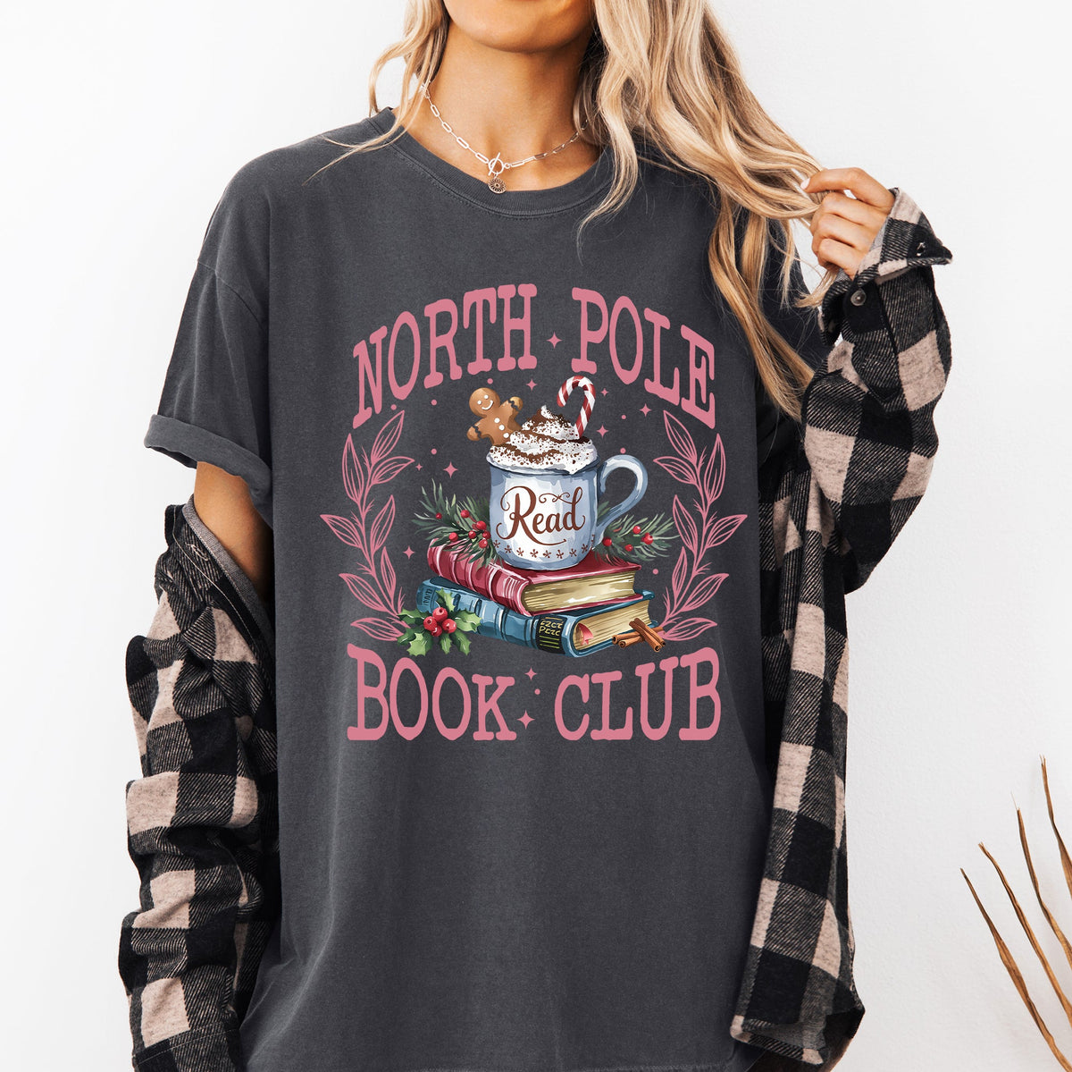 North Pole Book Club Reading Teacher Cozy Christmas Santa Library Comfort Colors Tee